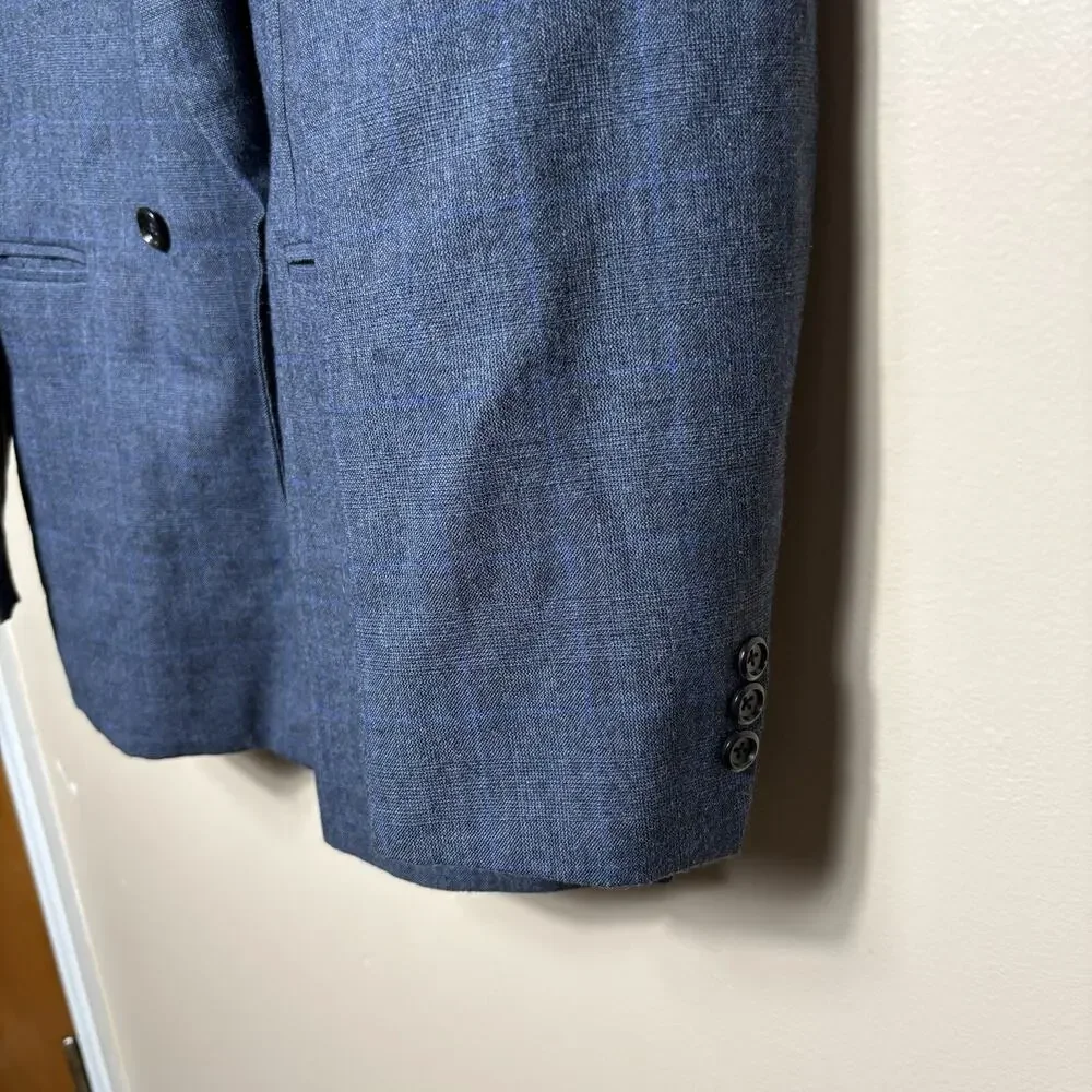 Bombay Town Japan Custom Blue Plaid Check Double Breasted Blazer Suit Coat 40